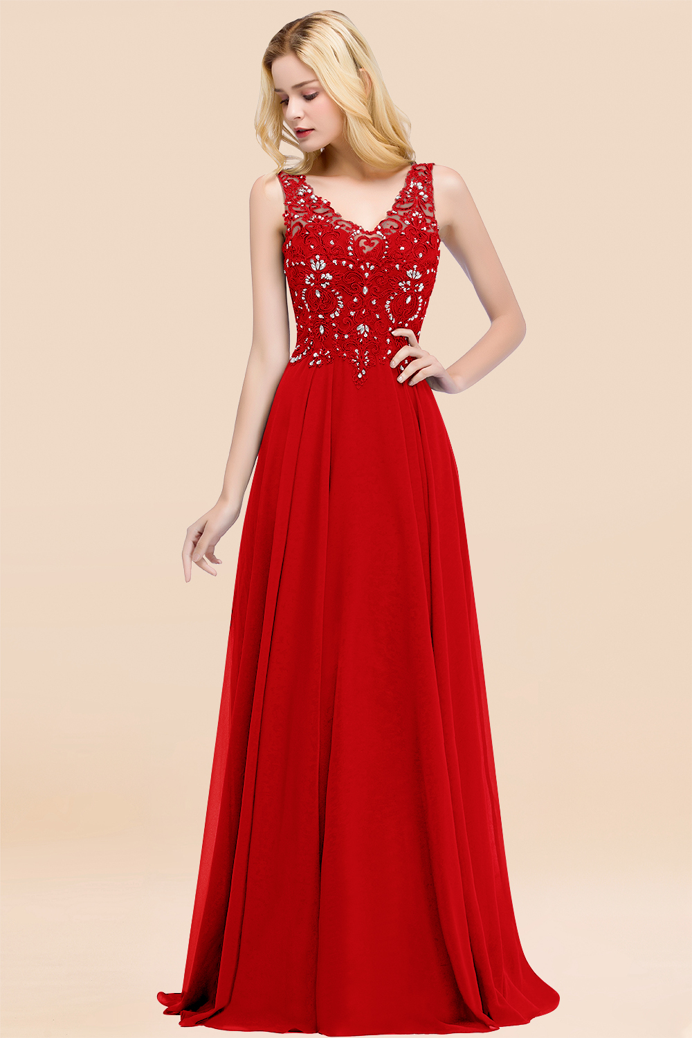 Long A-line Straps V Neck Applique Lace Floor Length Chiffon Bridesmaid Dresses - YESBABYONLINE