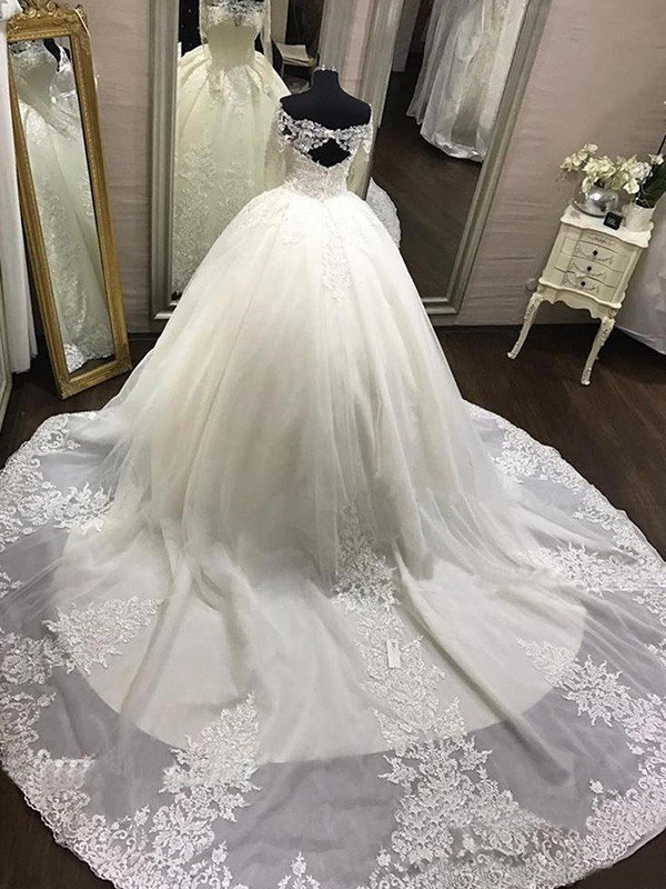 Long Ball Gown Off The Shoulder Tulle Applique Lace Wedding Dresses with Sleeves - YESBABYONLINE