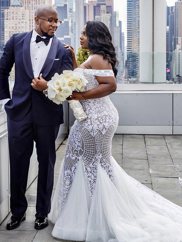 Long Mermaid Off the Shoulder Tulle Sleeveless Ruffles Wedding Dresses - YESBABYONLINE