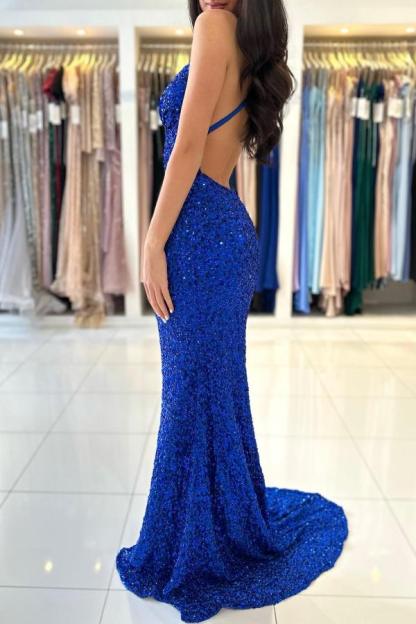 Chic Royal Blue Long Mermaid Sleeveless V-neck Spaghetti Straps Backless Prom Dress - YESBABYONLINE