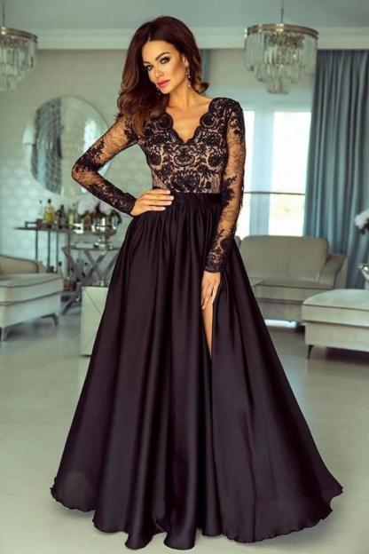 Chic Long Sleeves Black A-line V Neck Lace Satin Prom Dresses with Split - YESBABYONLINE
