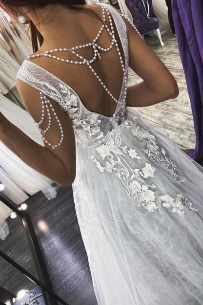Sexy Long V-Neck Floral Lace Sleeveless A Line Open Back Wedding Dresses - YESBABYONLINE