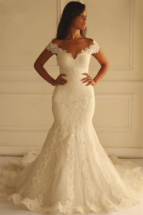 Long Mermaid Off-The-Shoulder Tulle Applique Lace Wedding Dresses - YESBABYONLINE