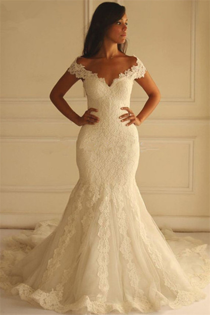 Long Mermaid Off-The-Shoulder Tulle Applique Lace Wedding Dresses - YESBABYONLINE