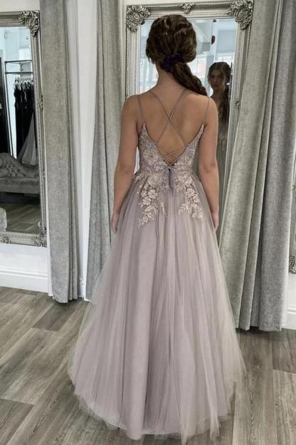 Elegant Long Spaghetti Straps Appliques Lace Tulle A-line Backless Prom Dress - YESBABYONLINE