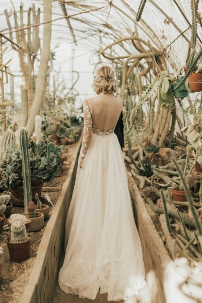 Simple Long Lace Tulle A Line Chiffon Wedding Dresses with Sleeves - YESBABYONLINE