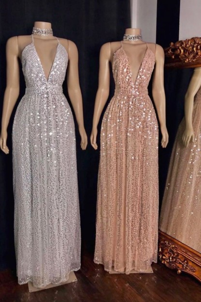 Glitter Long A-line Spaghetti Straps V-neck Sequined Prom Dresses - YESBABYONLINE