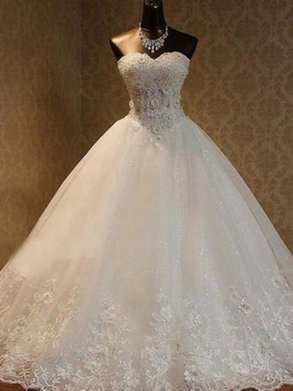 Long Ball Gown Floor-Length Sweetheart Sleeveless Tulle Wedding Dresses - YESBABYONLINE