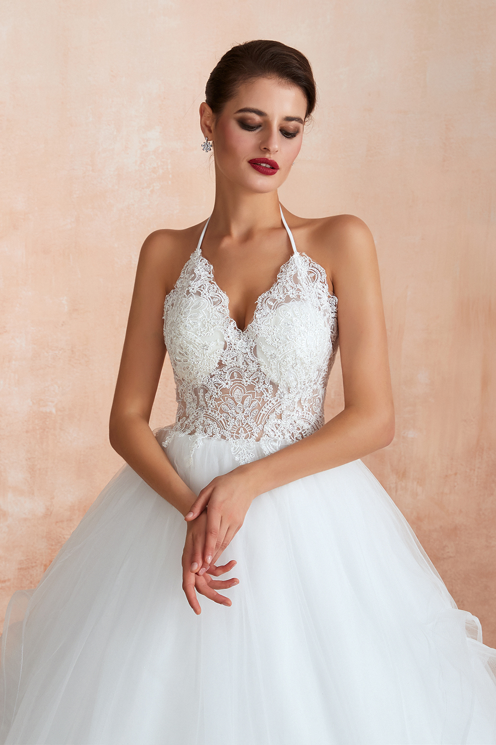 Long Ball Gown Halter Backless Tulle Lace Wedding Dresses - YESBABYONLINE