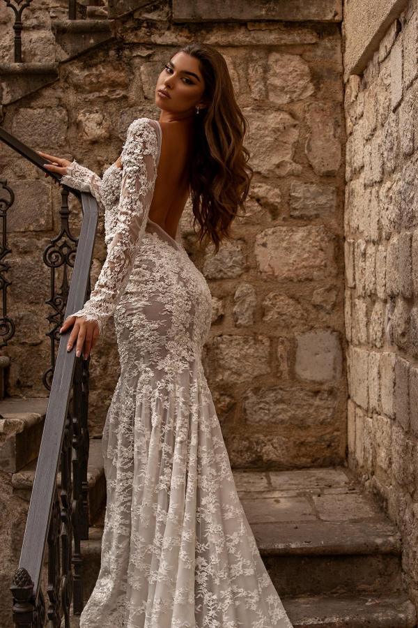 Long Sleeves Mermaid Sweetheart Floor Length Lace Open Back Wedding Dress - YESBABYONLINE