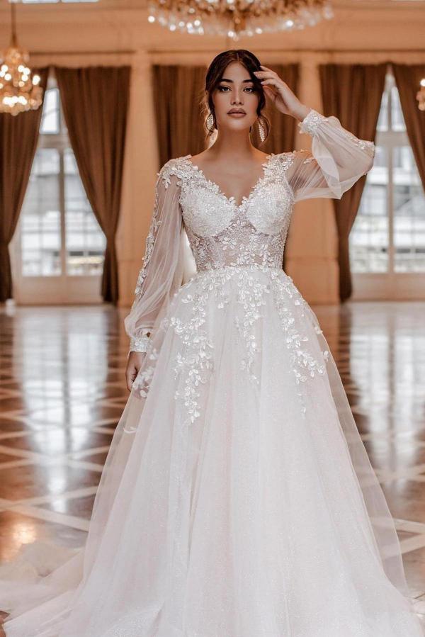 Charming Long Sleeves V-neck A-Line Tulle Wedding Dress with Appliques Lace - YESBABYONLINE