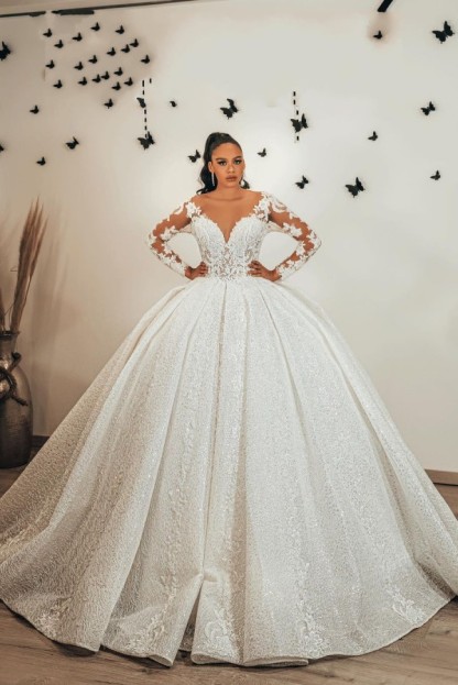 Long Ball Gown Sweetheart Satin Lace Glitter Wedding Dresses with Sleeves - YESBABYONLINE