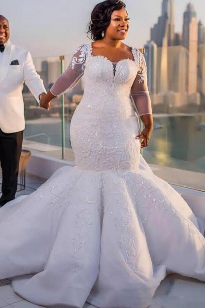 Charming Long Mermaid Sweetheart Lace Wedding Dresses with Sleeves - YESBABYONLINE