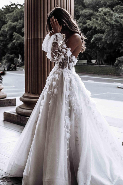 A-line Off the Shoulder Floor Length Tulle Wedding Dresses With Long Sleeves - YESBABYONLINE