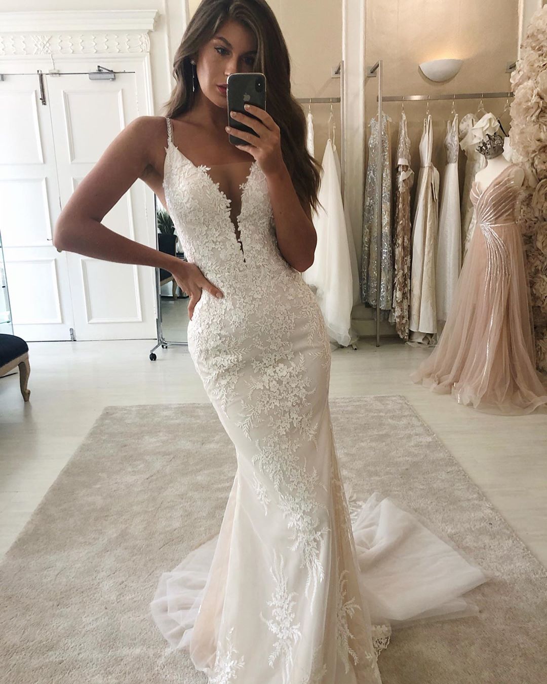 Long Mermaid Spaghetti Straps Lace V-neck Wedding Dresses With Detachable Train - YESBABYONLINE