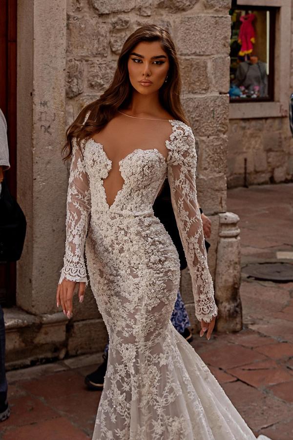 Long Sleeves Mermaid Sweetheart Floor Length Lace Open Back Wedding Dress - YESBABYONLINE