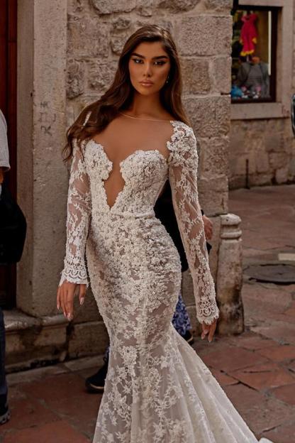 Long Sleeves Mermaid Sweetheart Floor Length Lace Open Back Wedding Dress - YESBABYONLINE