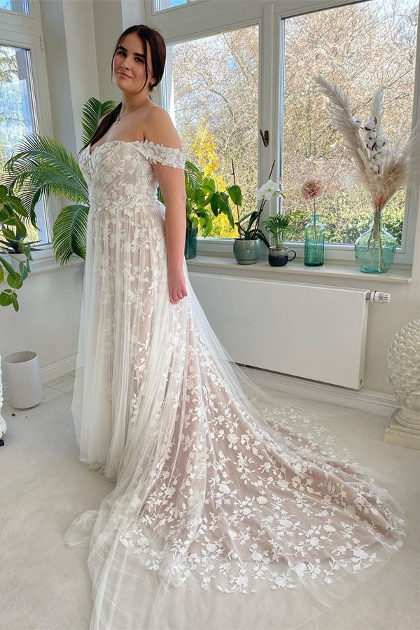 Elegant Long A line Off the Shoulder Floor Length Tulle Lace Wedding Dress - YESBABYONLINE