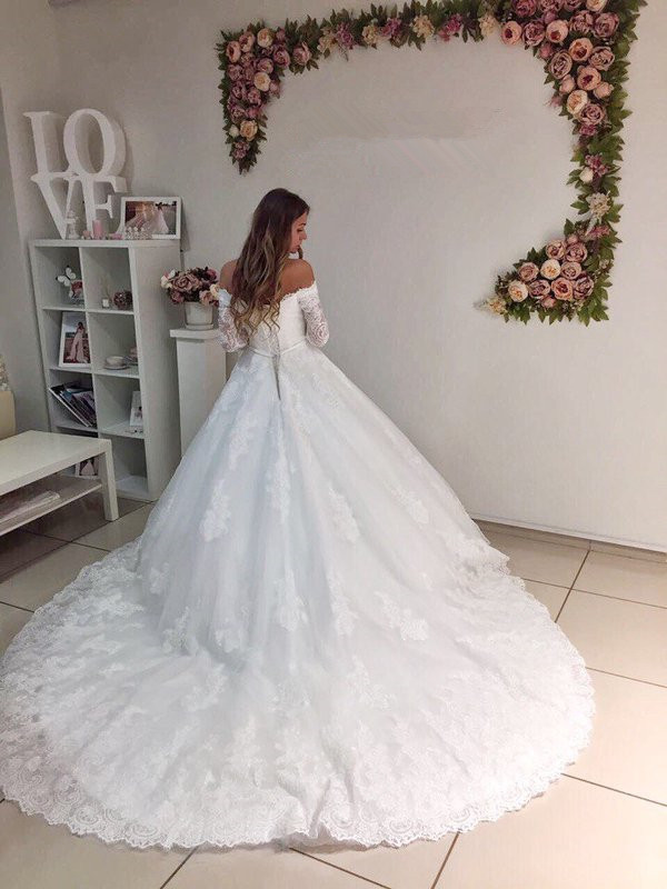 Long Ball Gown Off the Shoulder Lace Wedding Dress with Sleeves - YESBABYONLINE