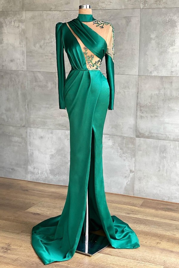 Long Mermaid High Neck Satin Front Slit Formal Prom Dresses with Sleeves - YESBABYONLINE