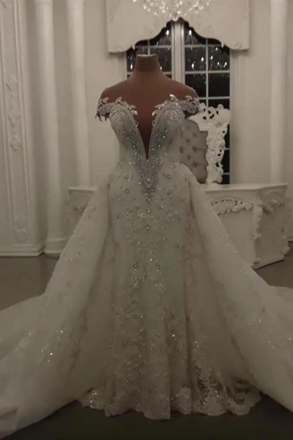 Luxury Long Mermaid Off the Shoulder Tulle Applique Beading Wedding Dresses - YESBABYONLINE