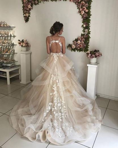 Long A-line V-neck Spaghetti Strap Sleeveless Backless Wedding Dresses - YESBABYONLINE