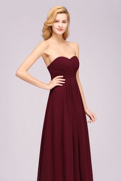 Long A Line Sweetheart Strapless Ruffles Floor Length Chiffon Bridesmaid Dress - YESBABYONLINE