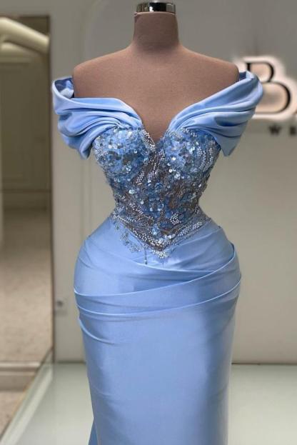Luxurious Sky Blue Long Off-The-Shoulder Satin Mermaid Prom Dresses - YESBABYONLINE