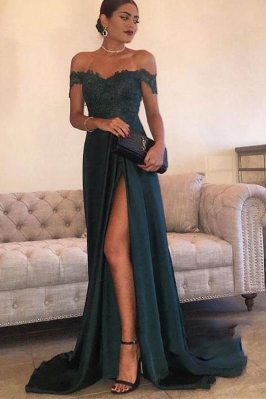 A-line Chiffon Slit Strapless Off The Shoulder Dark Green Prom Dress 