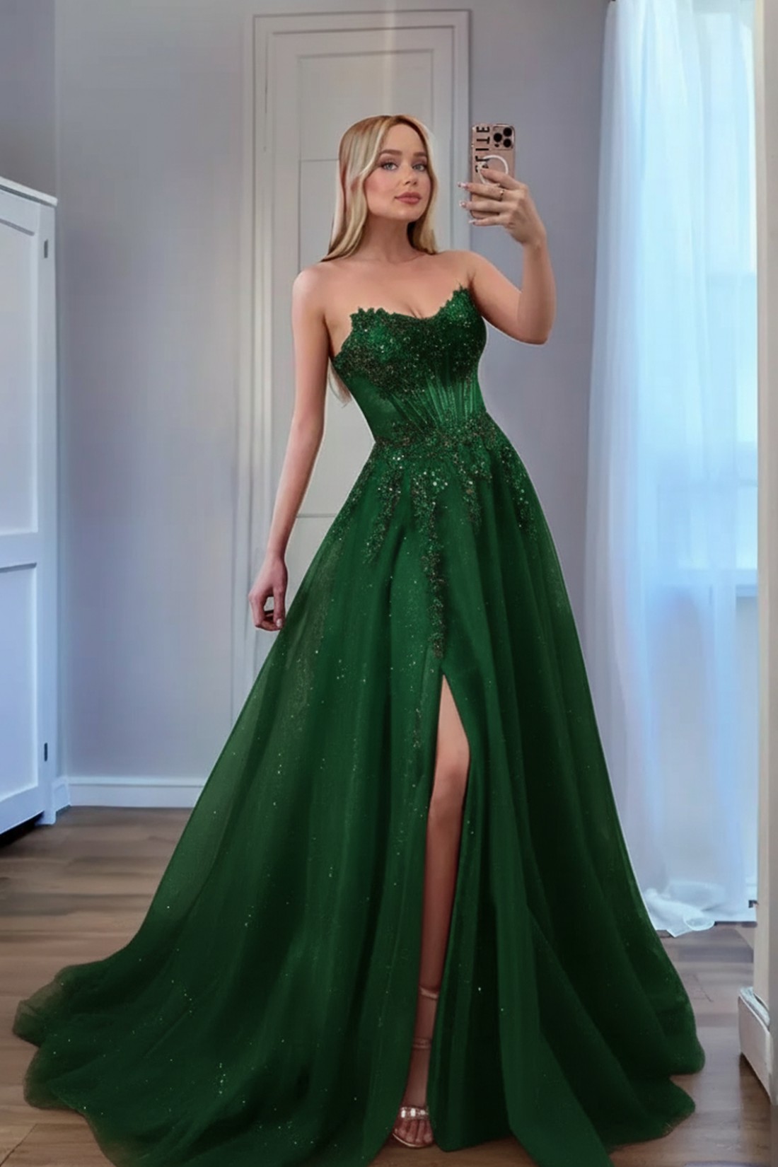 A line Slit Long Sweetheart Strapless Prom Dresses With Appliques