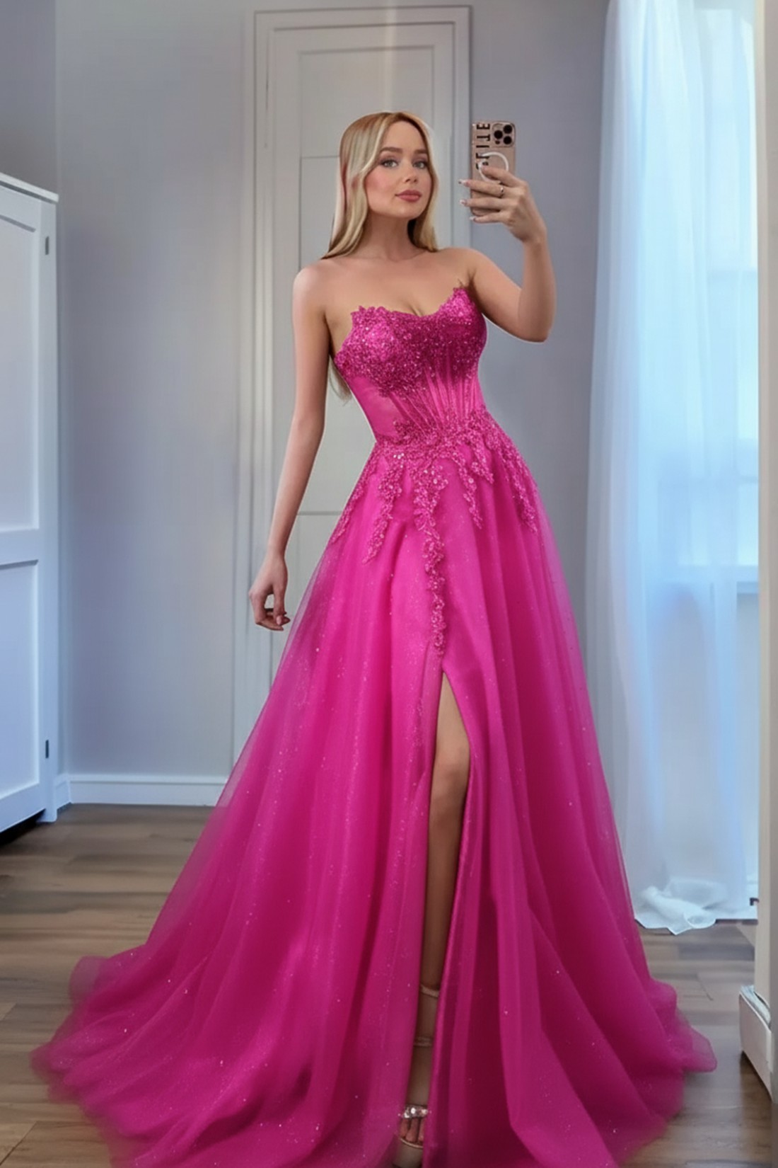 A line Slit Long Sweetheart Strapless Prom Dresses With Appliques