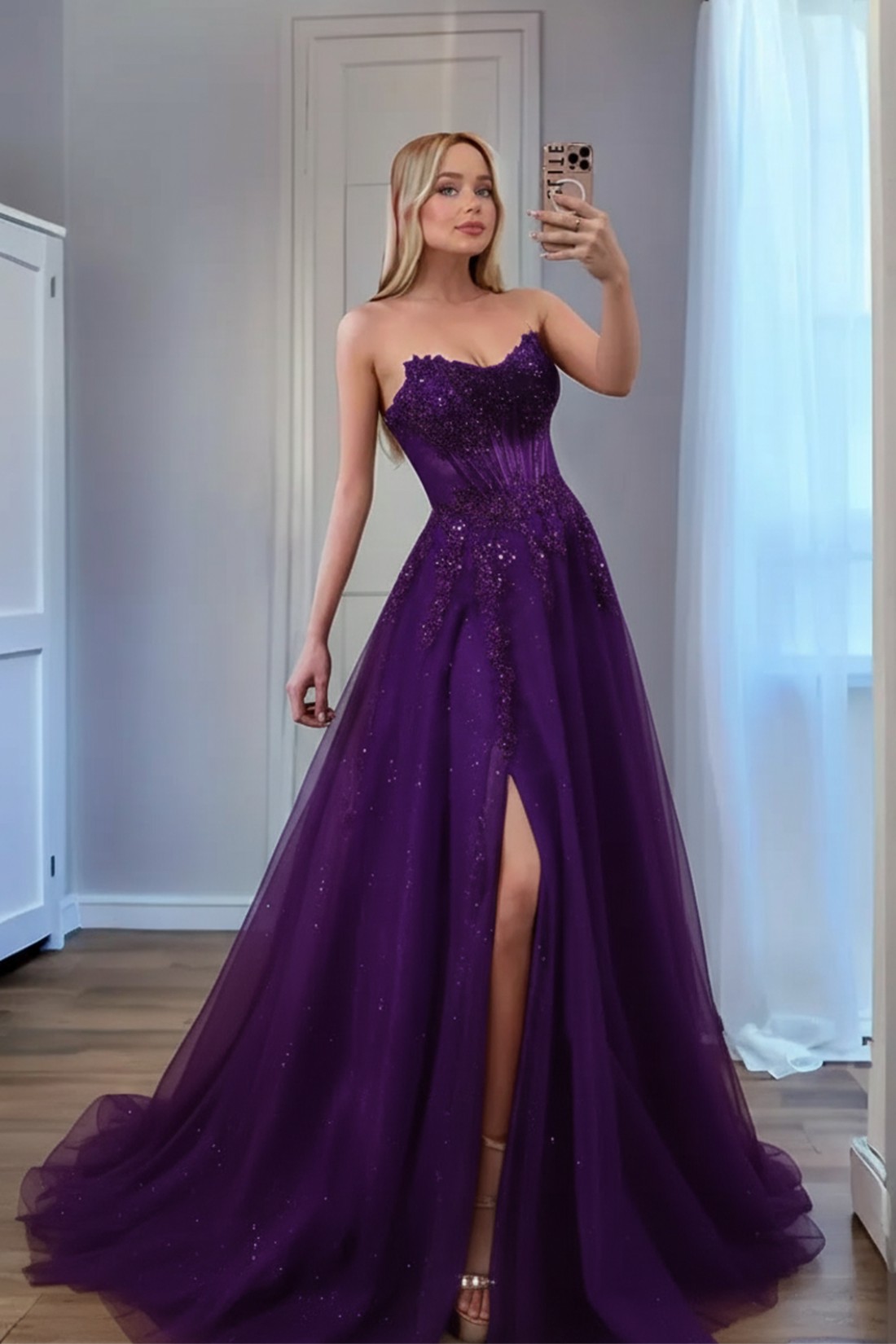 A line Slit Long Sweetheart Strapless Prom Dresses With Appliques