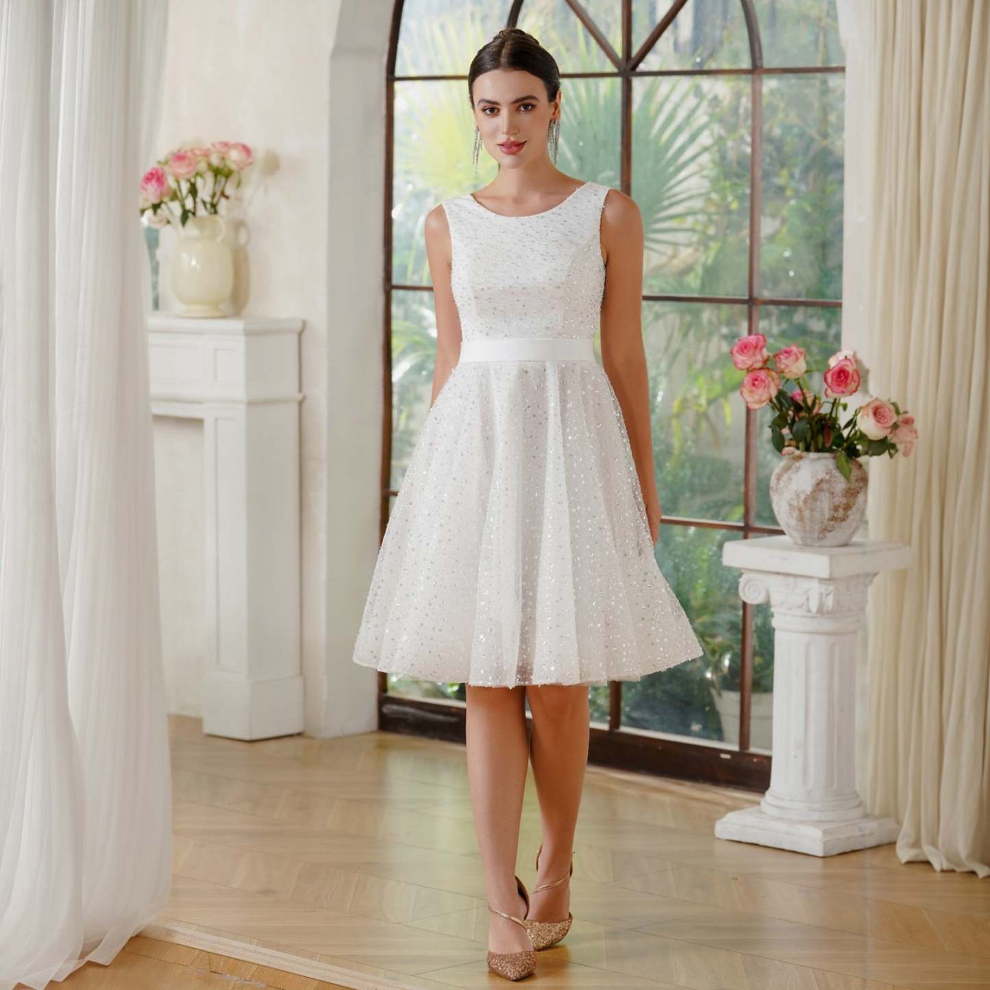 A-Line Crew Tulle Sleeveless Short Back Lace-up Prom Dresses with Sequins - YESBABYONLINE