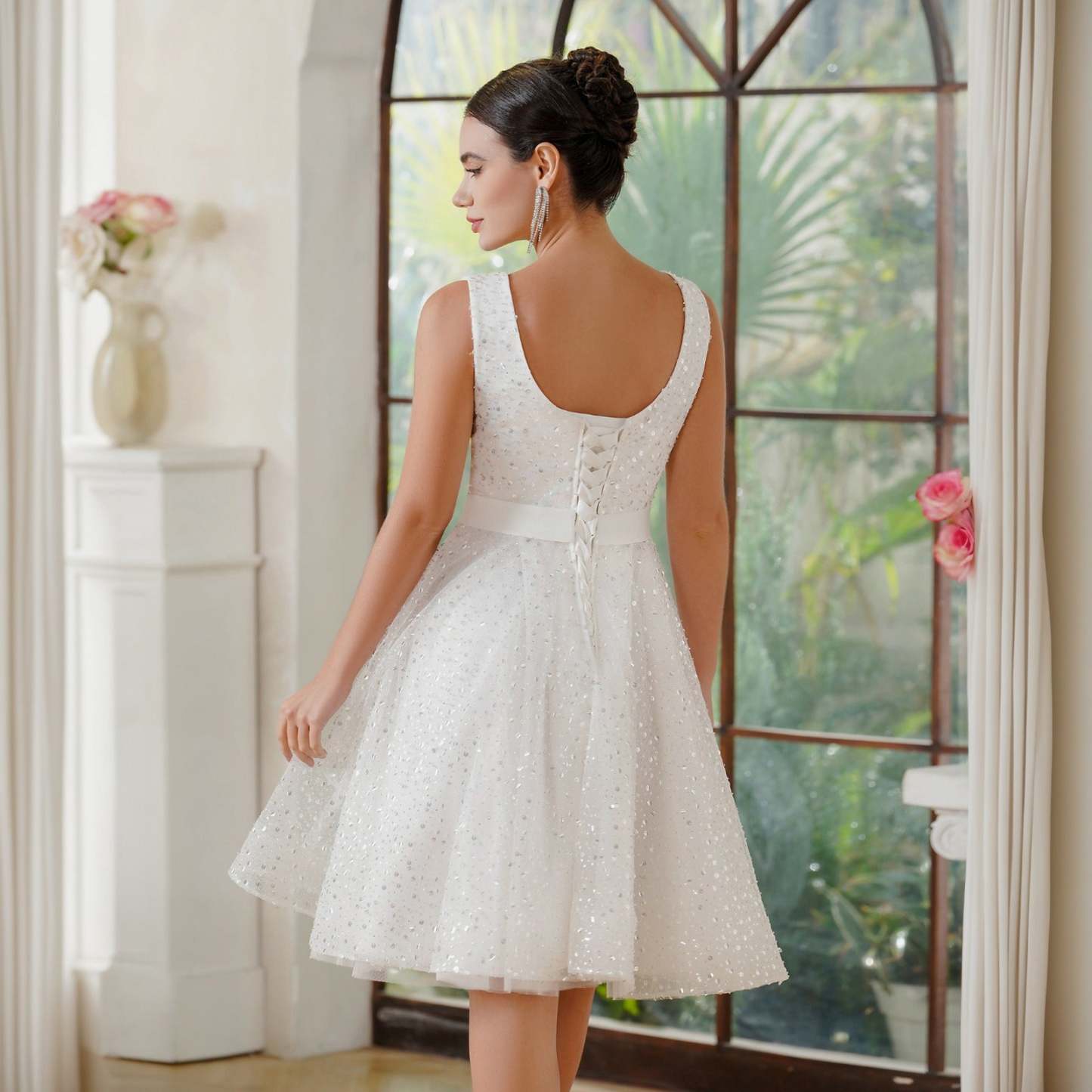 A-Line Crew Tulle Sleeveless Short Back Lace-up Prom Dresses with Sequins - YESBABYONLINE