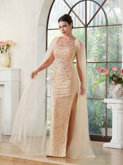 Sheath Crew Backless Watteau Train Prom Dresses with Sleeveless and Sequins - YESBABYONLINE