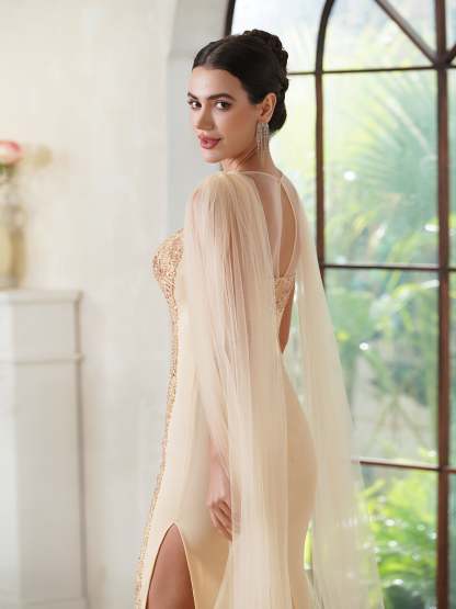 Sheath Crew Backless Watteau Train Prom Dresses with Sleeveless and Sequins - YESBABYONLINE