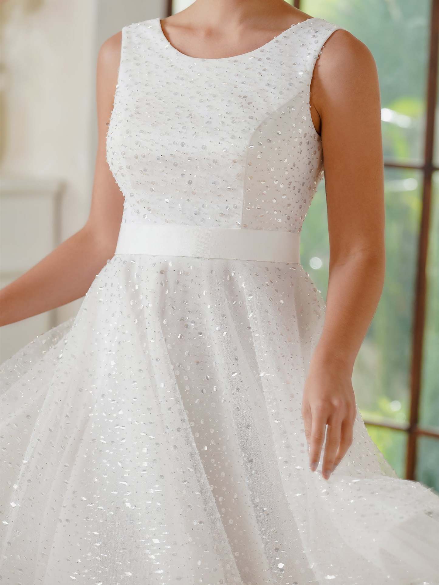 A-Line Crew Tulle Sleeveless Short Back Lace-up Prom Dresses with Sequins - YESBABYONLINE