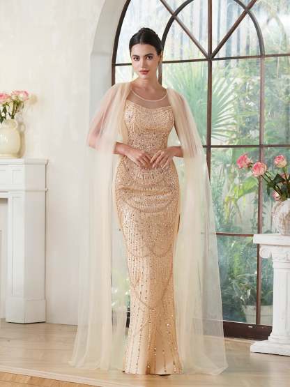 Sheath Crew Backless Watteau Train Prom Dresses with Sleeveless and Sequins - YESBABYONLINE