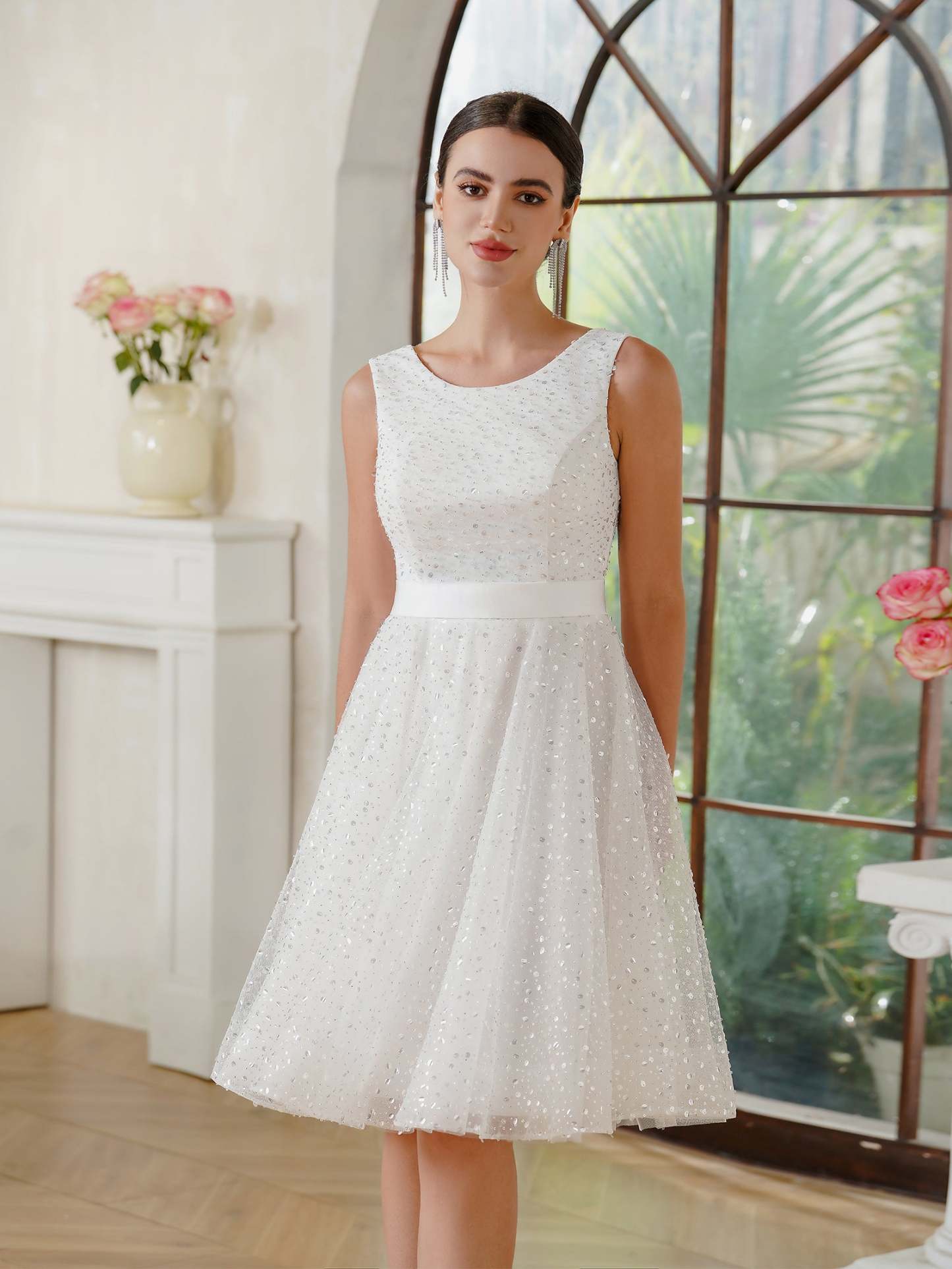 A-Line Crew Tulle Sleeveless Short Back Lace-up Prom Dresses with Sequins - YESBABYONLINE
