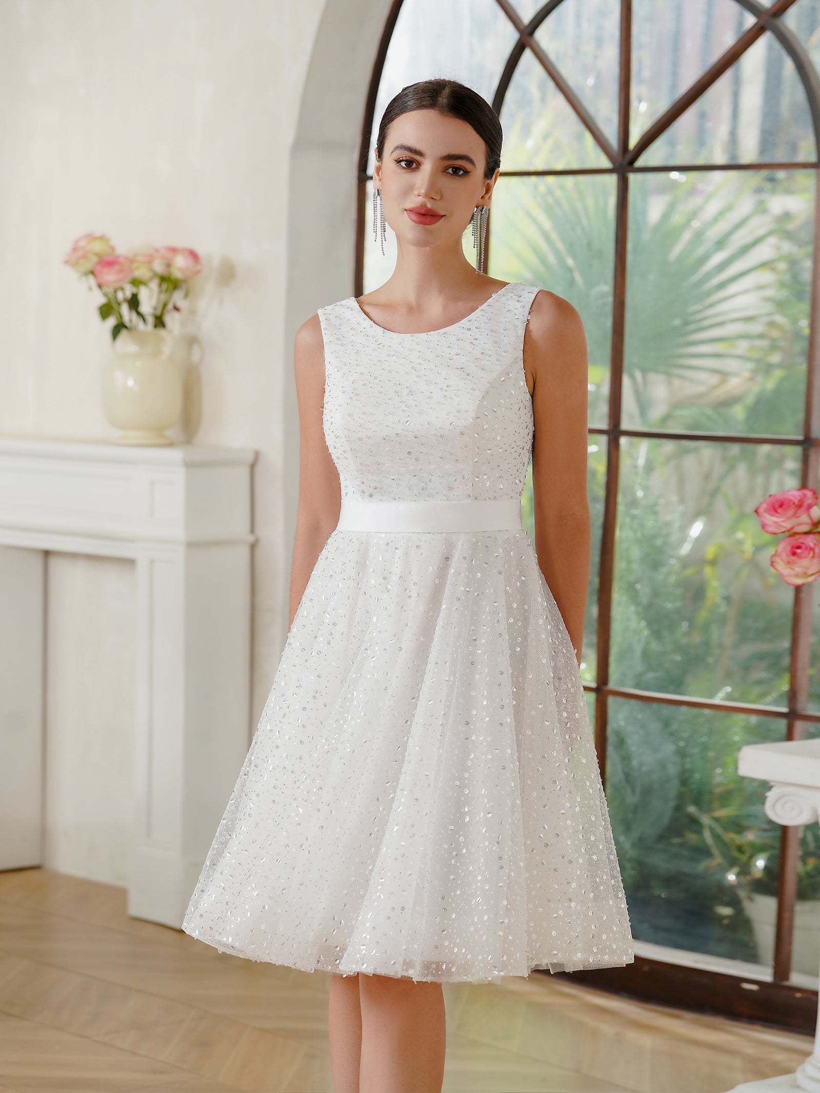 A-Line Crew Tulle Sleeveless Short Back Lace-up Prom Dresses with Sequins - YESBABYONLINE