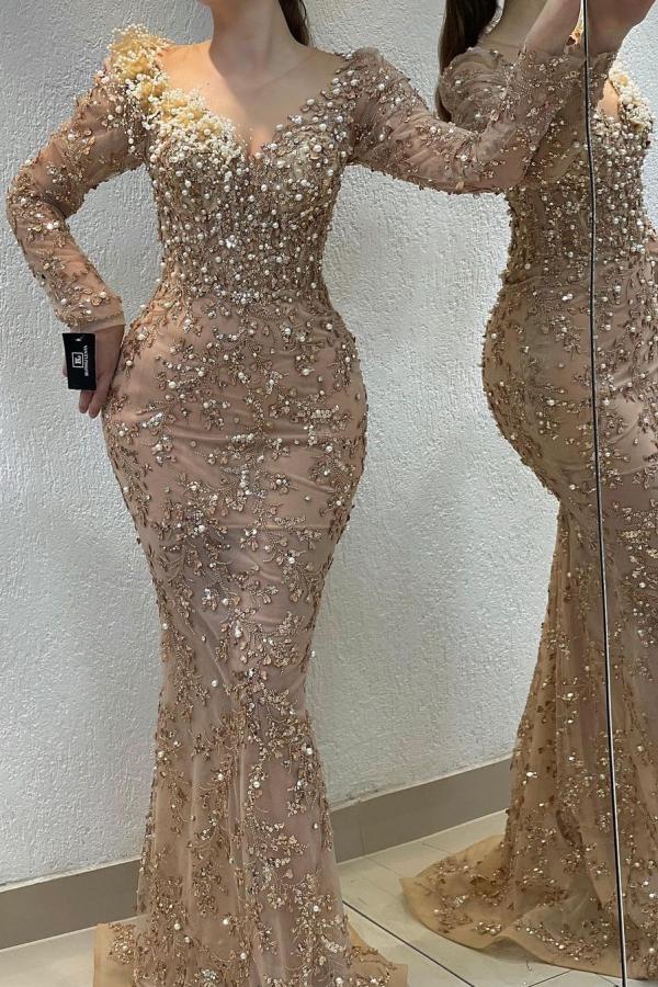 Champagne Appliques Lace Beaded Long Sleeve Mermaid Floor Length Prom Dress