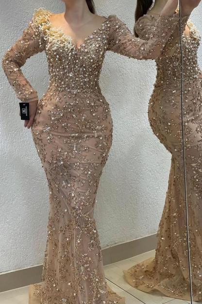 Champagne Appliques Lace Beaded Long Sleeve Mermaid Floor Length Prom Dress