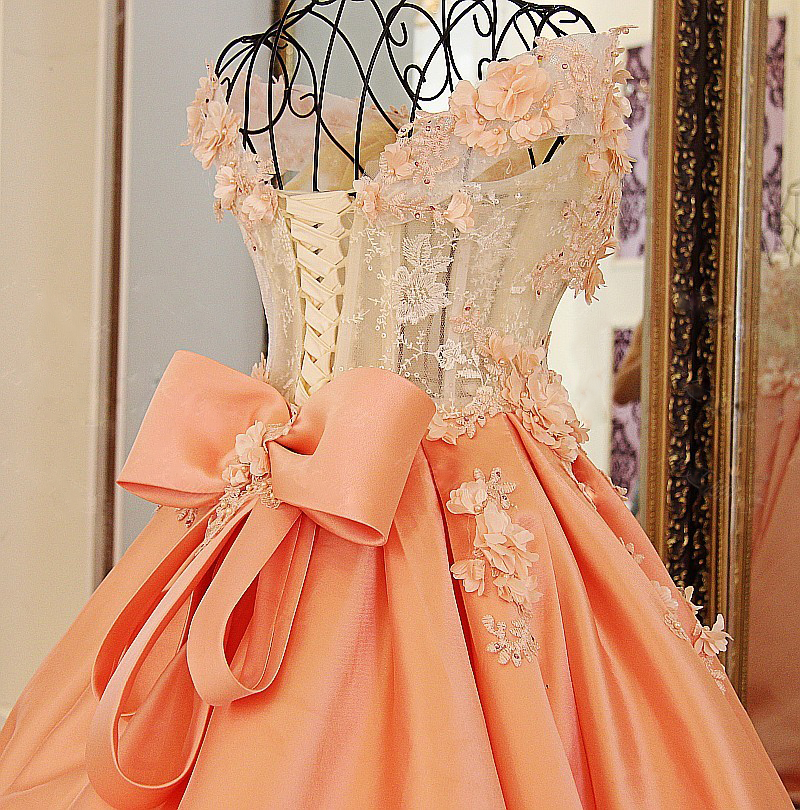 Ball Gown Bow Off The Shoulder Flower Beads Lace Up Back Prom Dress 