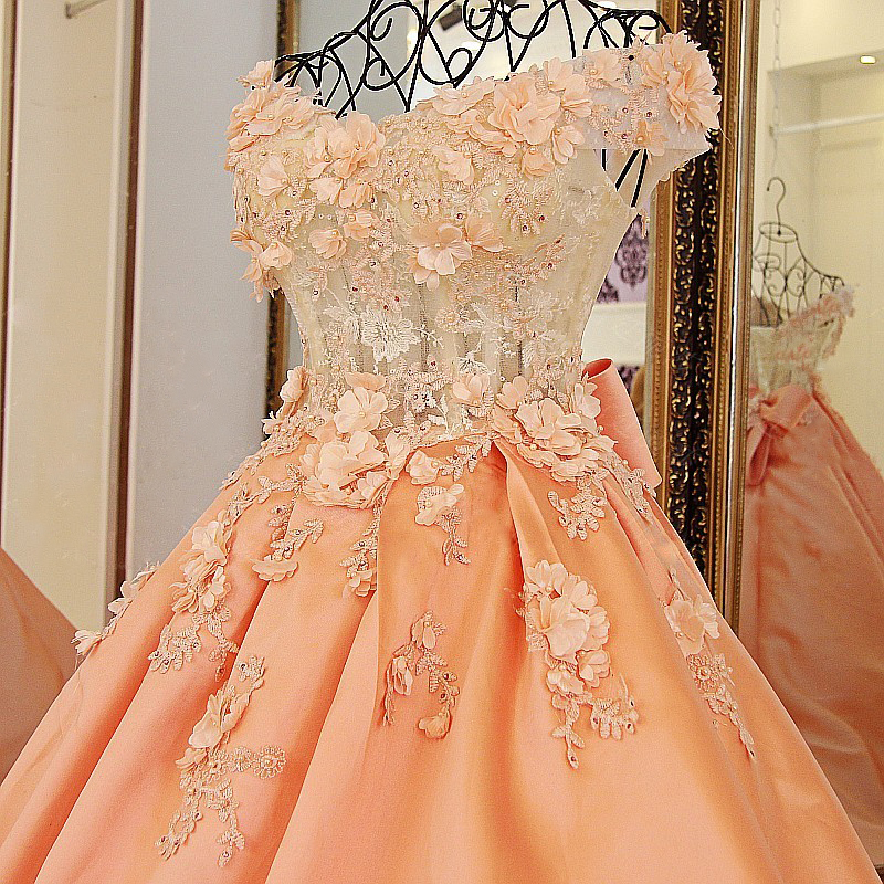 Ball Gown Bow Off The Shoulder Flower Beads Lace Up Back Prom Dress 