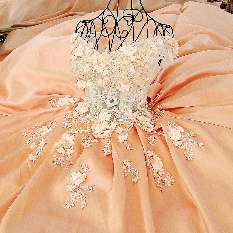 Ball Gown Bow Off The Shoulder Flower Beads Lace Up Back Prom Dress 