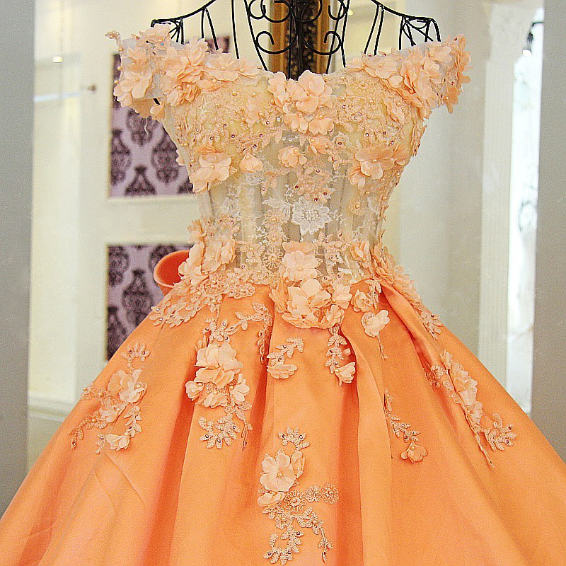 Ball Gown Bow Off The Shoulder Flower Beads Lace Up Back Prom Dress 