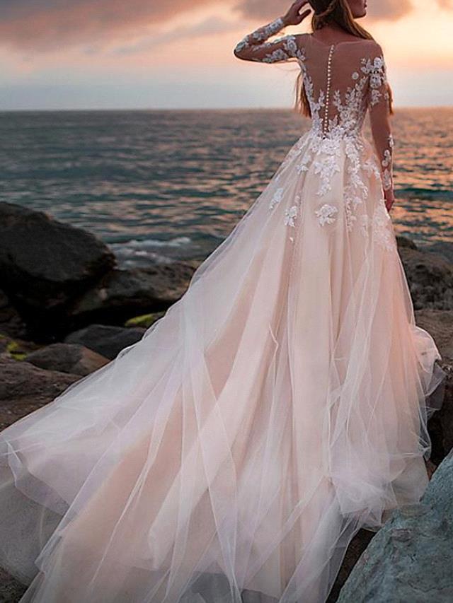 Beautiful Open Back Tulle A-line Long Appliques Lace Wedding Dress 