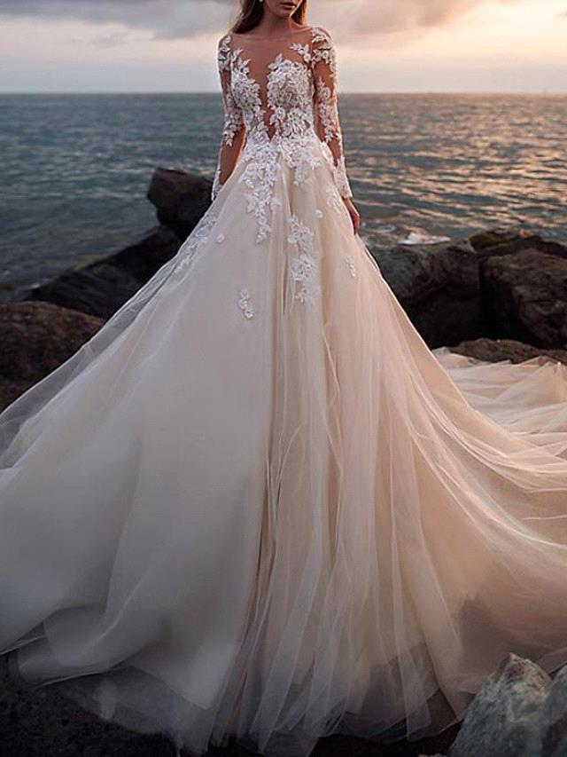 Beautiful Open Back Tulle A-line Long Appliques Lace Wedding Dress 