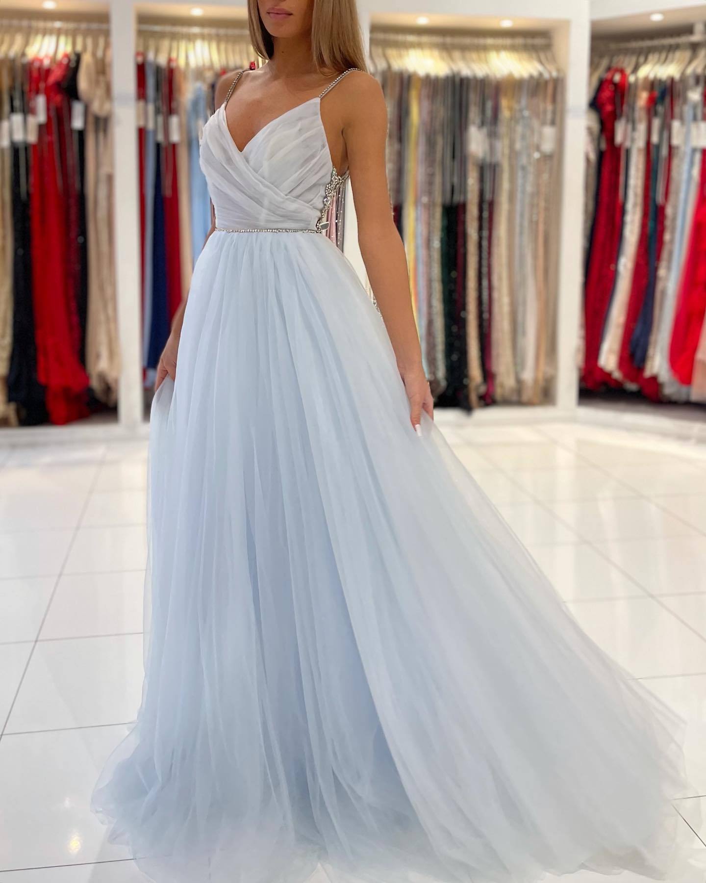 Beautiful Spaghetti Straps V-neck Beading A-Line Tulle Ruffles Prom Dress