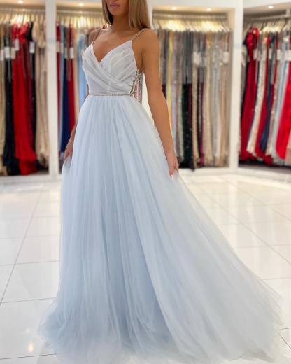 Beautiful Spaghetti Straps V-neck Beading A-Line Tulle Ruffles Prom Dress